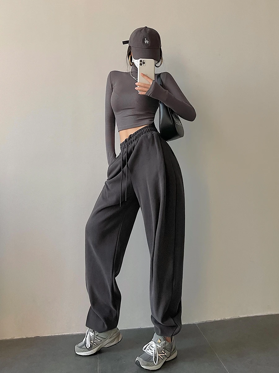 

High Waist Loose Fit Slimming Drawstring Trousers Color Versatile Casual Sports Sweatpants Long Trousers for Young Girls