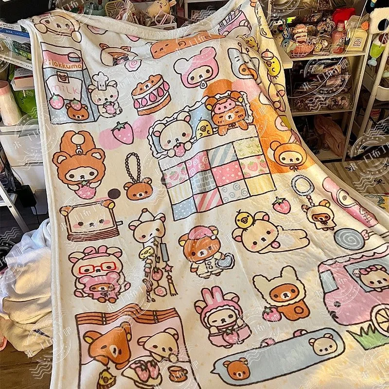 Cartoon Rilakkumas Flannel Blanket Kawaii Korilakkuma Summer Throw Blanket Camping Airplane Shoulder Blanket Winter Bedspread