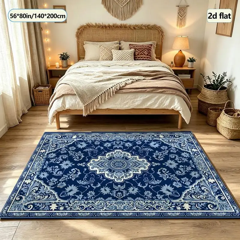 Vintage Blue Porcelain Floral Medallion Carpet Flooring Traditional Square Area Rug Non-Slip Ornate Floor Mat for Living Room Bedroom Home Interior