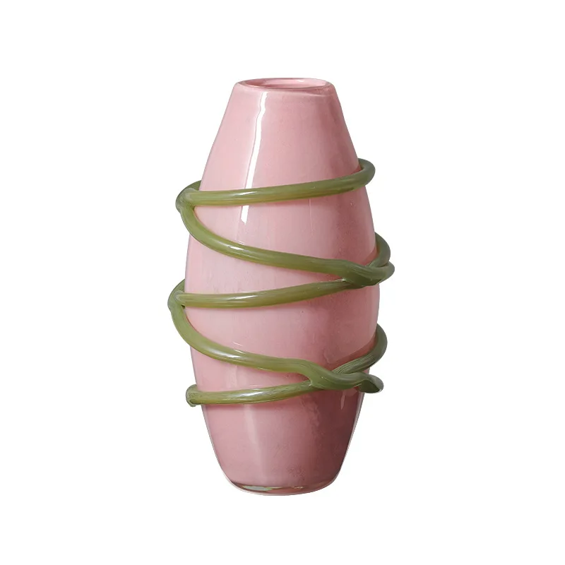 Modern ins style creative green line pink glass vase villa living room dining table high-end home ornament