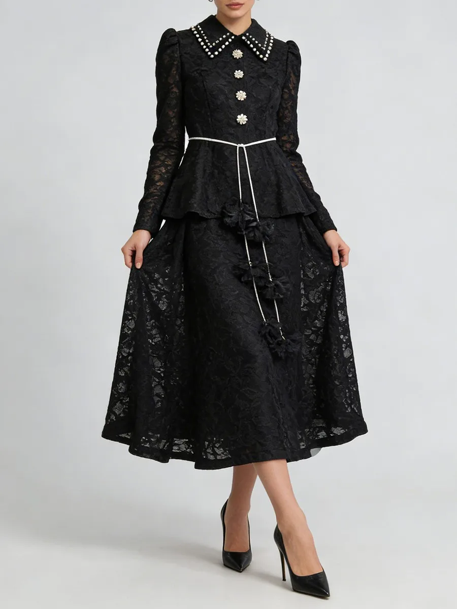 TWOTWINSTYLE Black Printing Spliced Lace Two Piece Sets for Women Lapel Long Sleeves Spliced Bead Top Long Skirt Sets Female New view 5