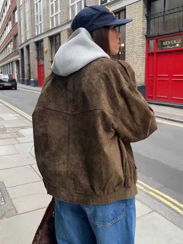 Senhora chique lapela curto bombardeiro jaqueta casual manga cheia com zíper bolso solto colheita jaquetas 2026 primavera feminino diário rua outerwear