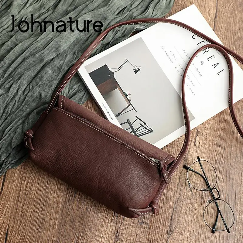 Johnature Handmade Retro Soft Cow Leather Women Bag 2024 New Simple Solid Color Shoulder Bags Leisure Ladies Small Messenger Bag