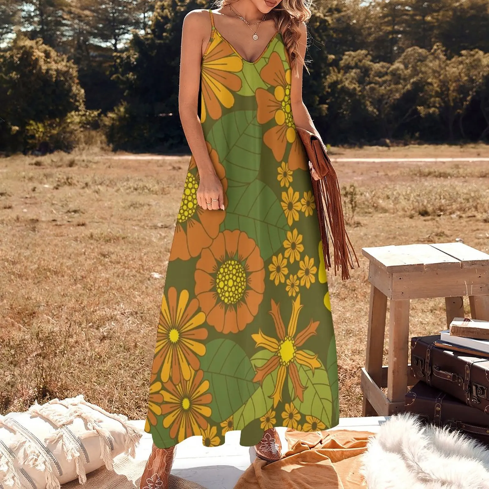 Orange, Brown, Yellow and Green Retro Daisy Pattern Sleeveless Dress ladies dresses for women 2024 dresses summer woman 2024