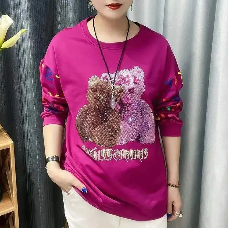 Klein Blue Rhinestone Bear Trendy Sweatshirt Loose Korean round Neck Women's T-shirt Spring 2025 Casual Style Long Sleeve