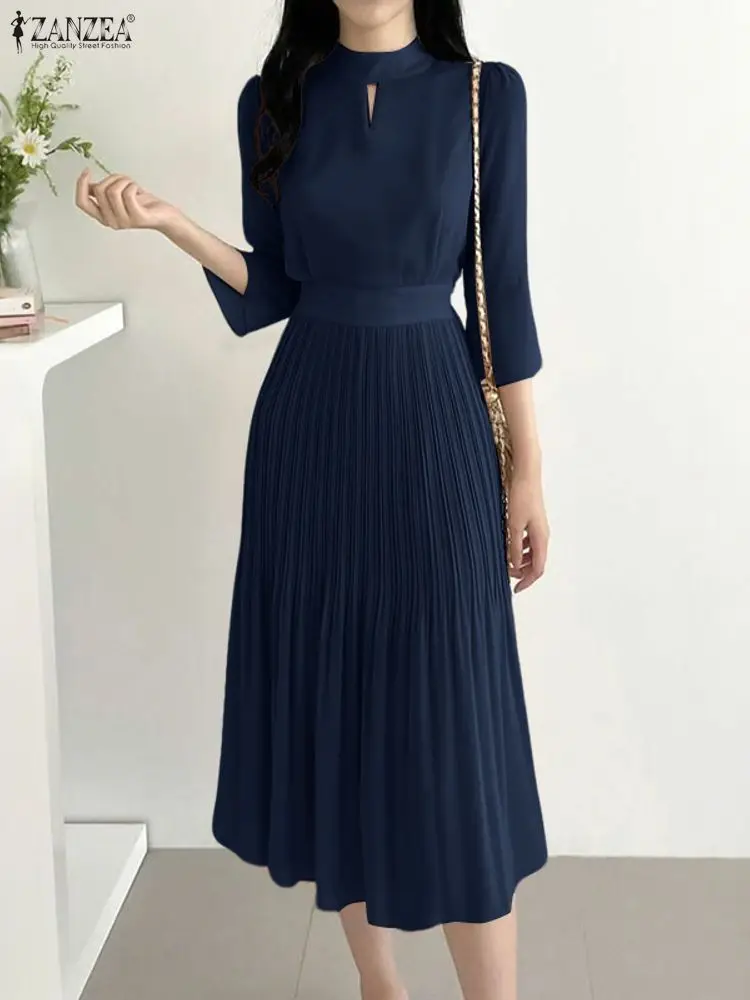 Zanzea elegante escritório senhora vestido feminino gola oco midi vestidos de festa 2025 moda 3/4 manga alargamento plissado robe