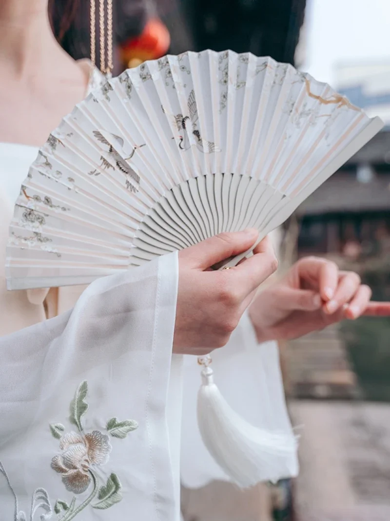 Original White Folding  Chinese Ancient Style Crane Plum Blossom Fan with Qipao Hanfu Silk Gift Fan