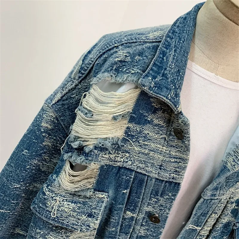 Chaqueta vaquera con agujeros azules Vintage para mujer, abrigo holgado medio largo de vaquero, prendas de vestir exteriores informales con bolsillos grandes para primavera y otoño, chaquetas vaqueras para mujer