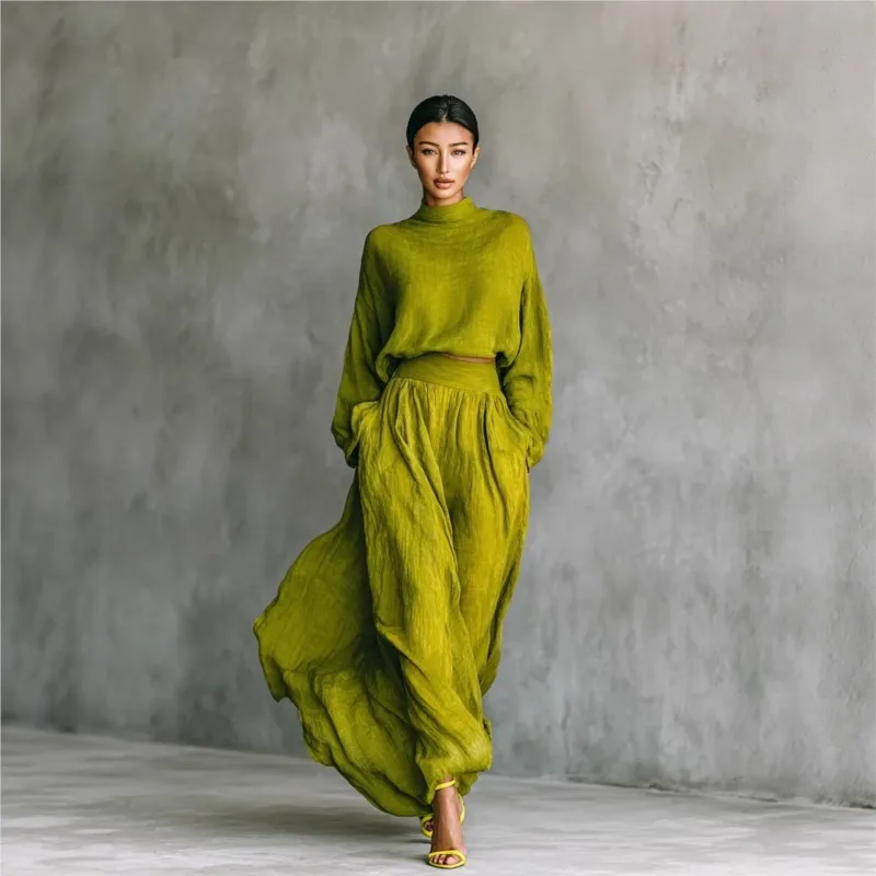 

Women Long Sleeve Blouse Top & High Waist Maxi Skirt Sets Fashion Solid Two Pieces Dress Set Outfits Elegant Party Clothes