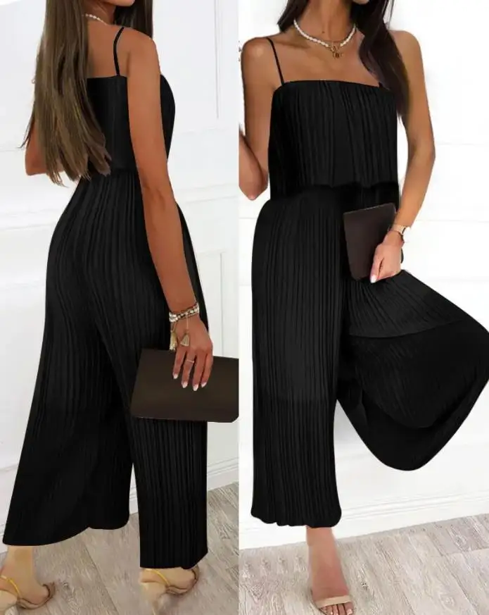 

Women's Jumpsuit Temperament Spaghetti Strap Ruffle Pleated Wide Leg Casual Fashion Square Neck Sleeveless Plain Long Jumpsuits