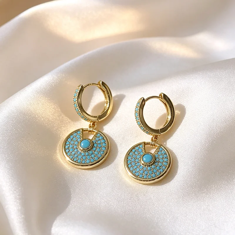 Boho Türkis Eingelegte Runde Scheiben-Ohrhänger für Damen, 18K Vergoldete Tropfen-Ohrringe, Modischer Partyschmuck, Geschenk für Frauen – Detail 6