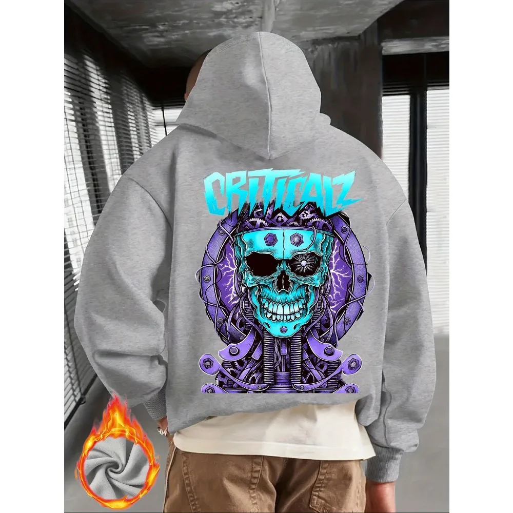 Men Cyber Mechanical Skull Back Print Hoodie Dark Graffiti Street Art Graphic Pullover Unisex Loose Fleece Lined Autumn Winter