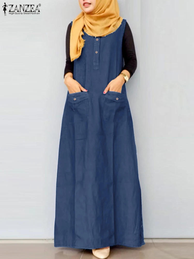2024 Zanzea muslimischen Maxi Sommerkleid Robe Femme elegante Overalls Kleid Frauen Mode ärmellose A-Linie lose Vestidos Dubai Abaya