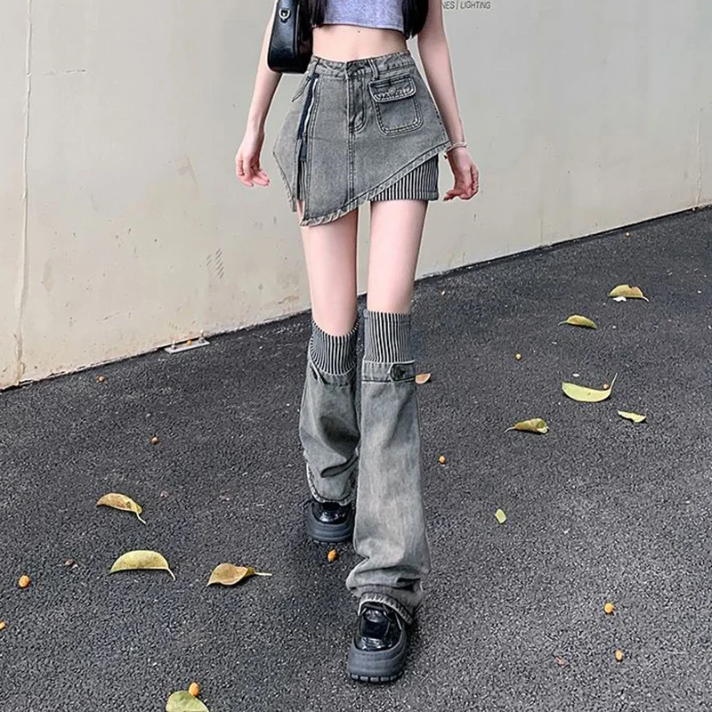 Real time shooting of retro denim skirt for women, 2024 summer new outfit, wearing spicy girl short skirt leg set, two-piece set