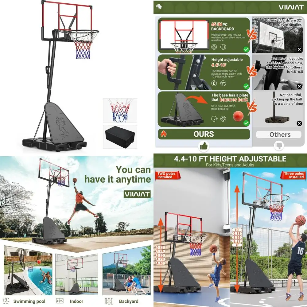 Aro de baloncesto ajustable para niños, 4,4-10 pies, interior/exterior, irrompible, 45 portería de tablero trasero con puerto de larga duración
