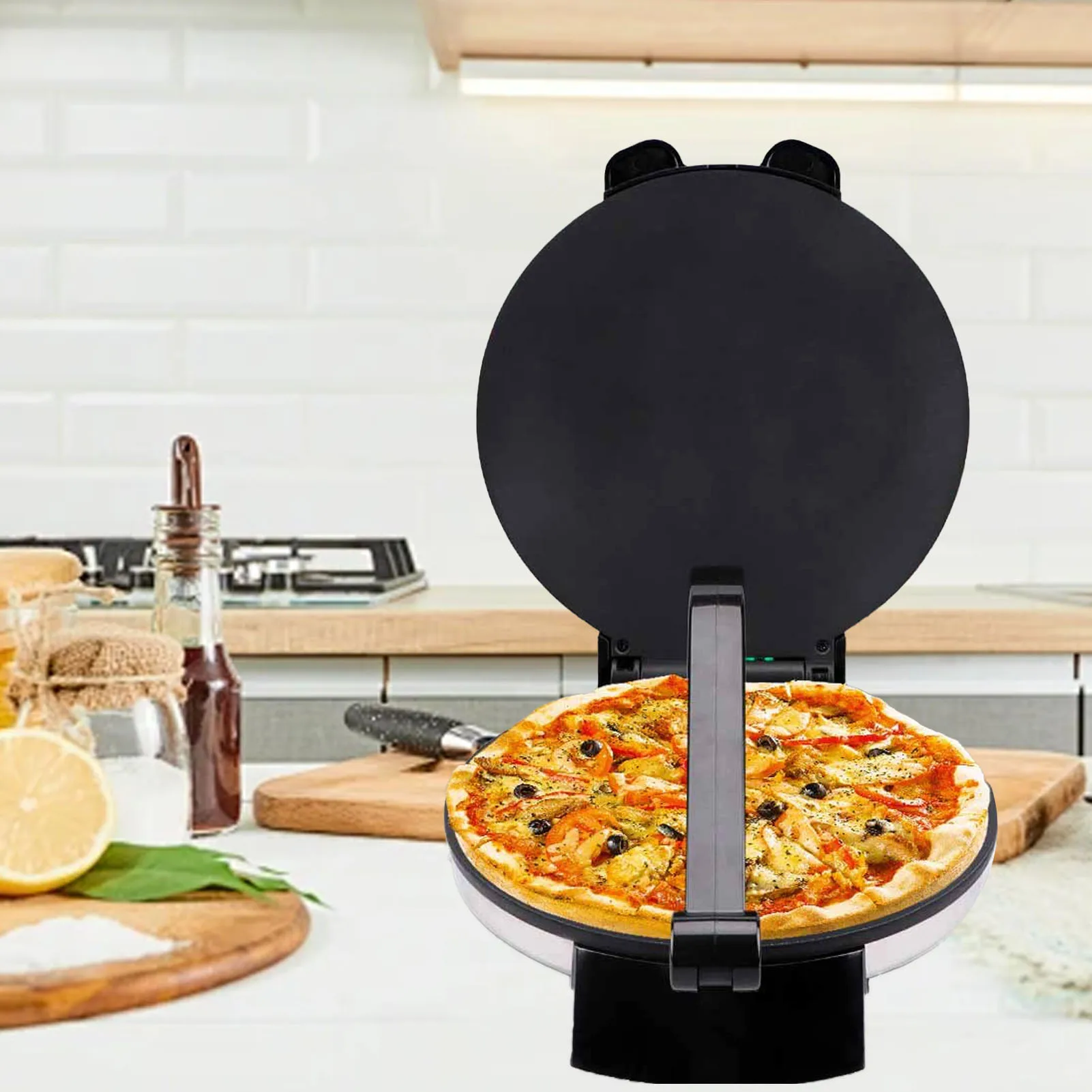 ماكينة صنع التورتيلا الكهربائية بمقبض 10 بوصة للتحكم في درجة الحرارة ومضادة للالتصاق مع غطاء من الفولاذ المقاوم للصدأ