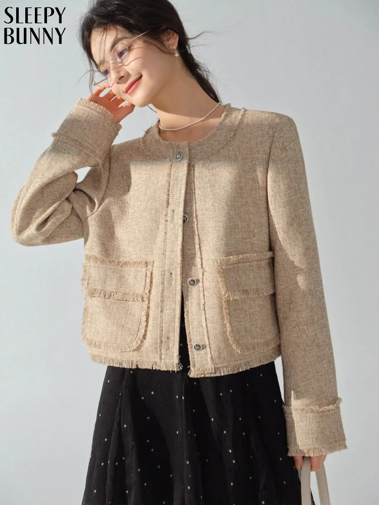 

Elegant French Tweed Jacket Women Vintage Round Neck Short Coat Chic Autumn Fringe Outerwear High-End Fit Blazer for Casual Look