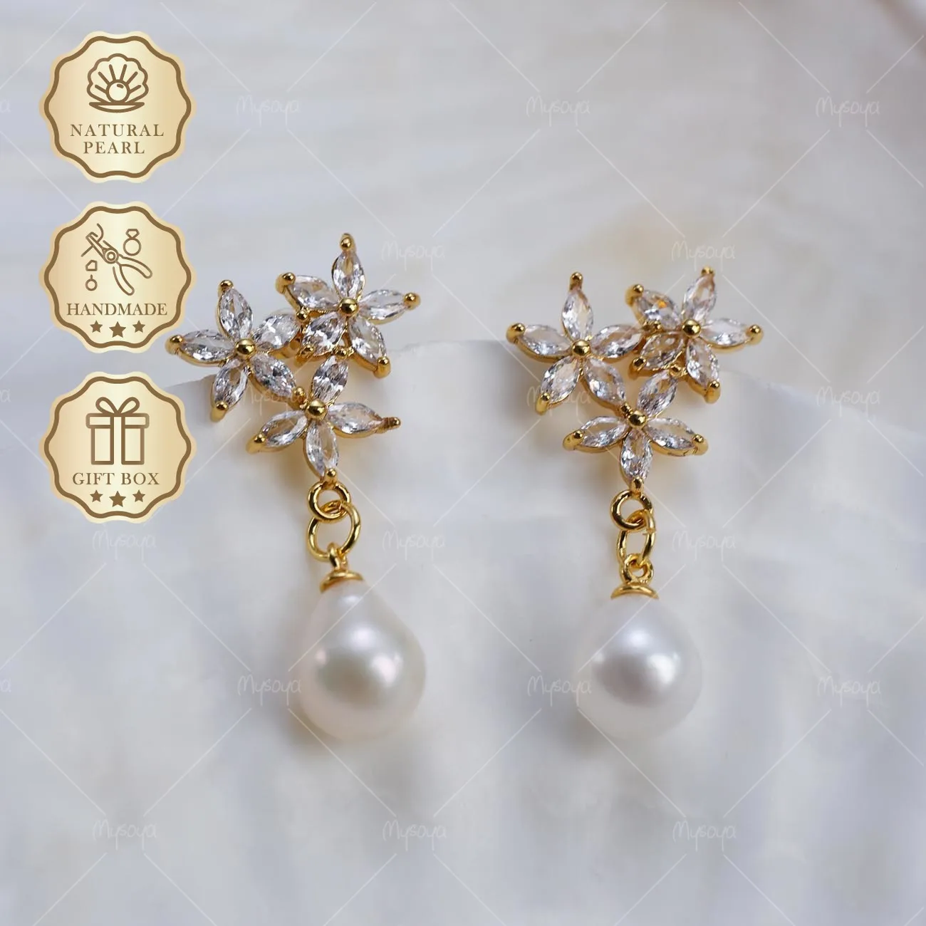 

Mysoya White Rice Freshwater Pearl Flower Earrings 7-8mm Golden Gift Box Valentine's Day Birthday Gift For Her
