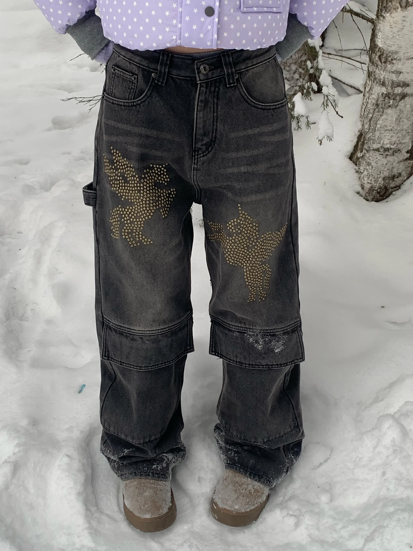 

Женские джинсы из хлопка с флисовой подкладкой, утепленные, повседневные, с заклепками, бренд moreeep eep