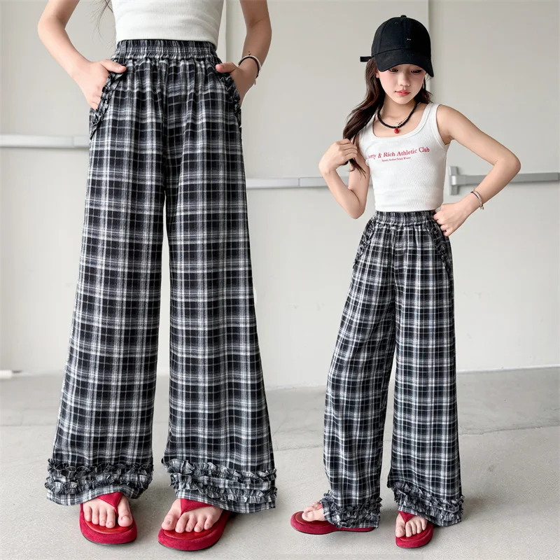 

Child Girls Summer Plaid Pants with Ruffled y2k Sweatpants Korean Kids Wide Leg Pants Trendy Harajuku Casual Thin Loose Trousers