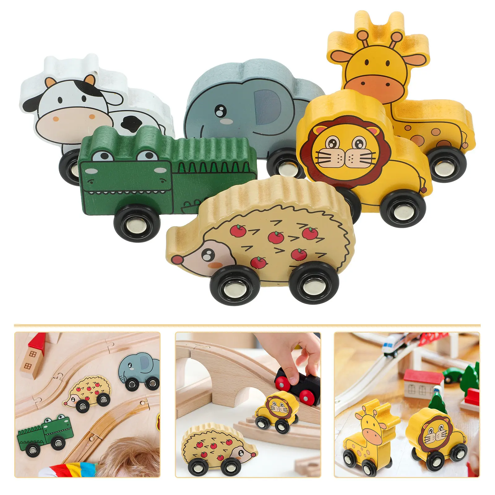 

6Pcs Animal Wooden Tray Cars Colorful Cute Wood Train Set Educational Kids Developmental Toddler Plaything Wooden Train Toy
