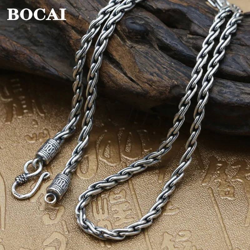 BOCAI Real s925 Silver Jewelry Personality Vintage Men's Necklace 2021 Trendy Hemp Rope Clavicle Chain