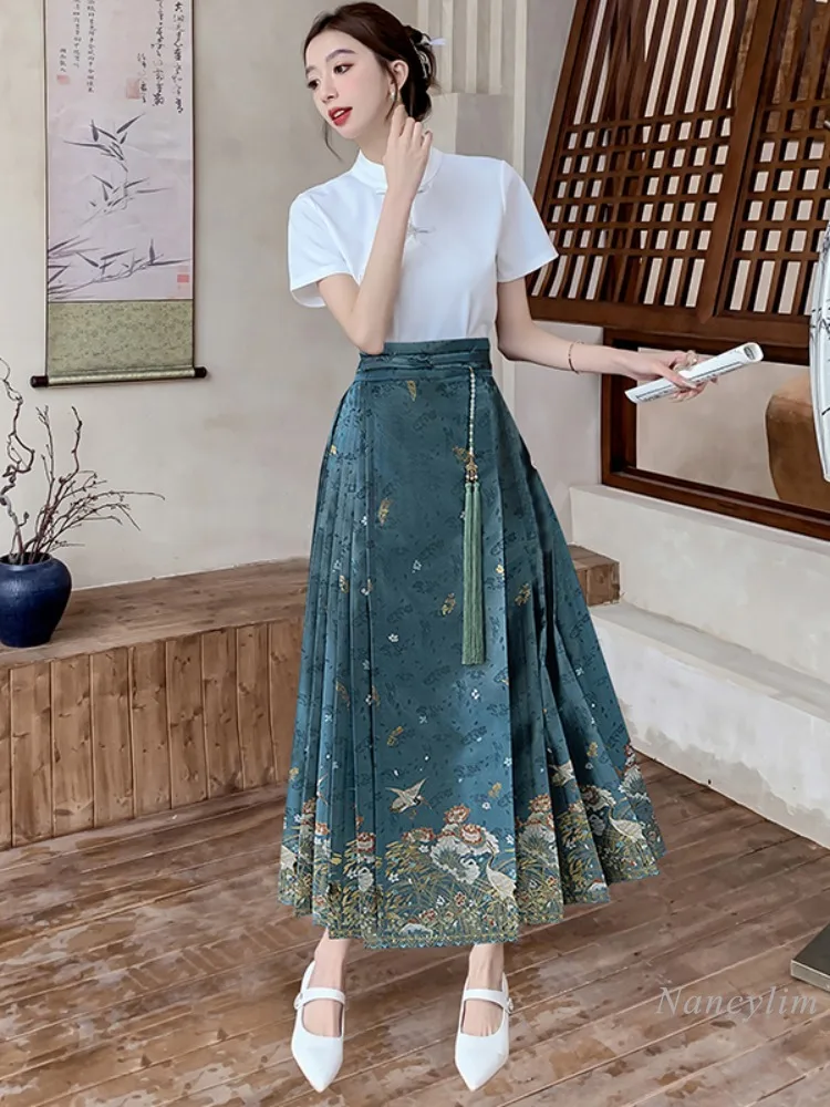 New Chinese Style Horse-Face Skirt Women\'s Hanfu 2024 Summer Female Cool Street Print Skirts