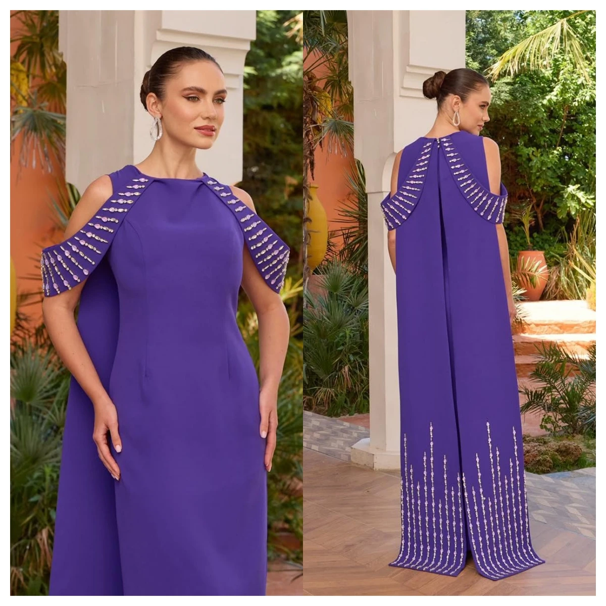 Customized Delicate Purple Jersey Evening Dress O-Neck Sleeveless Celebrity Gowns Bespoke Occasion Gowns Crystal Zipper Back