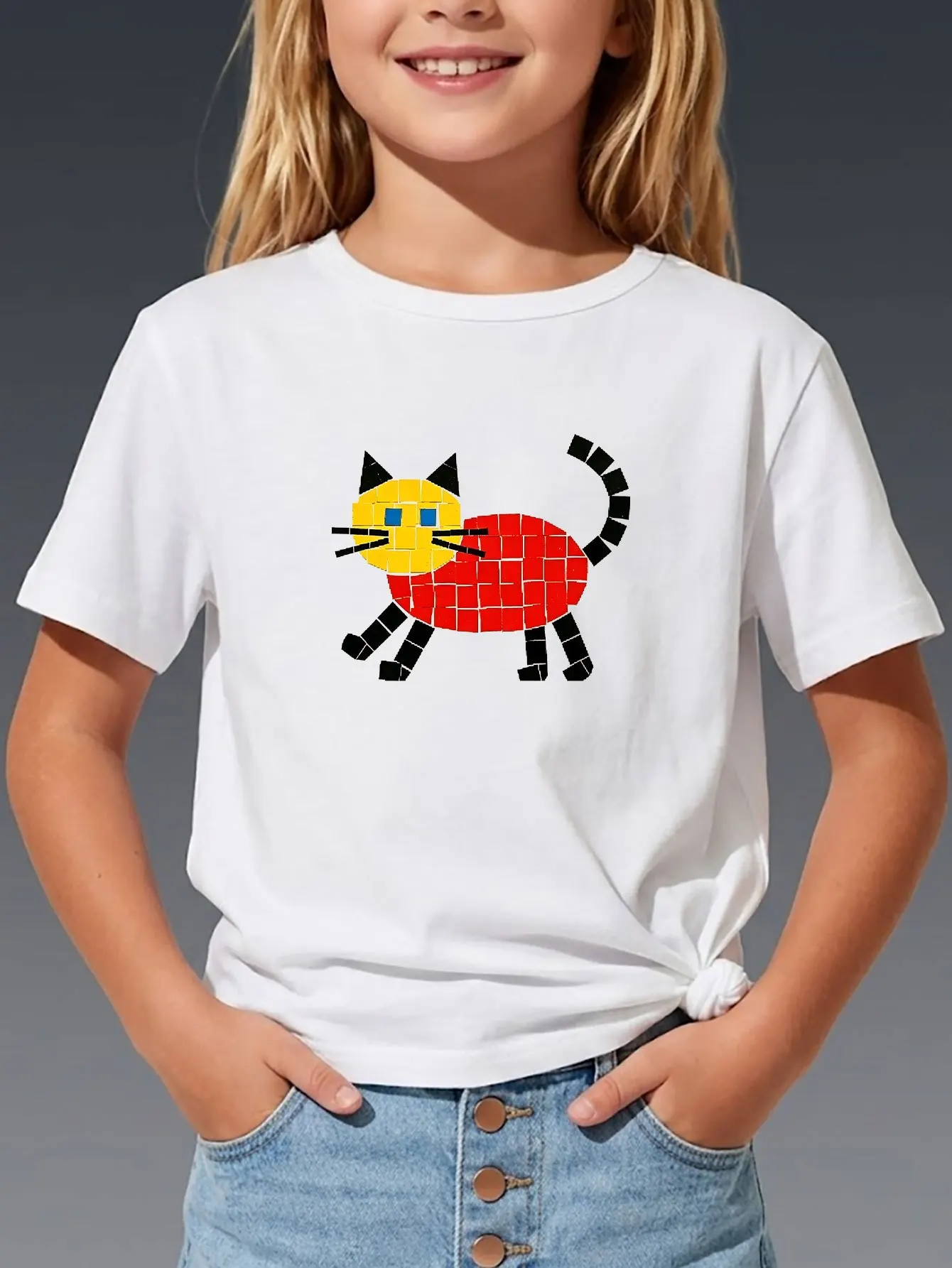 Cute Colorful Mosaic Block Walking Cat Cartoon Print T Shirt Boys Girls Lovely Short Sleeve Tee Family Matching Kids Cotton Tops
