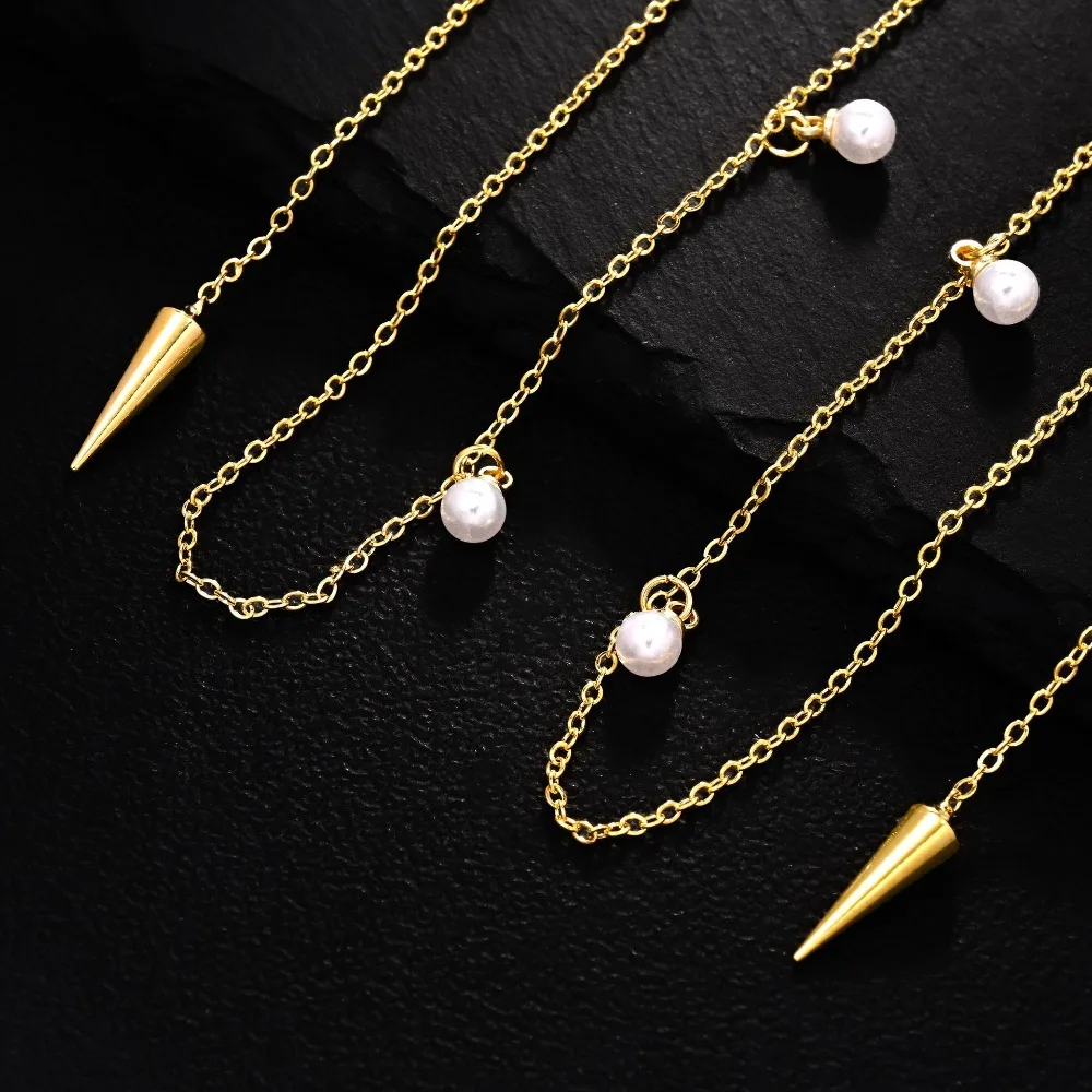 Gesichtskette mit geometrischen Quasten und schlanker Reisperlenkette für Damen – Neues, einzigartiges Geschenk für Geburtstagsfeiern und den Alltag – Detail 6