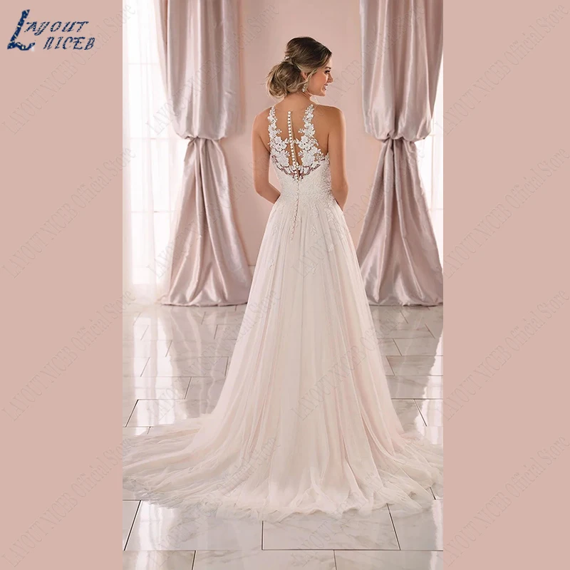 NICEB-vestido De novia sin mangas, traje bohemio De encaje con cuello redondo, apliques De tul, 2023 Boho Vestido De Novia En Línea Sin Mangas  Vestido De Novia De Encaje Ilusión Cuello O Tul  Applique Vestidos De Boda