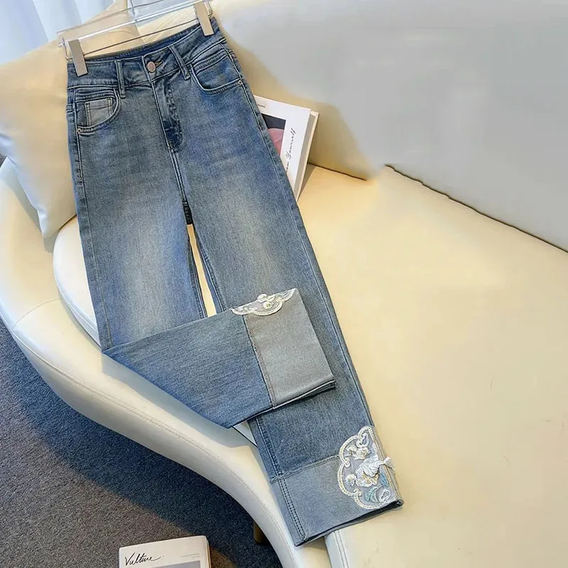 กางเกงยีนส์ทรงตรงผู้หญิง สไตล์ชาติพันธุ์ ปักลายใหม่ ฤดูใบไม้ผลิ ฤดูใบไม้ร่วง 2025 ทรงหลวม ใส่สบาย ดูดี มีสไตล์