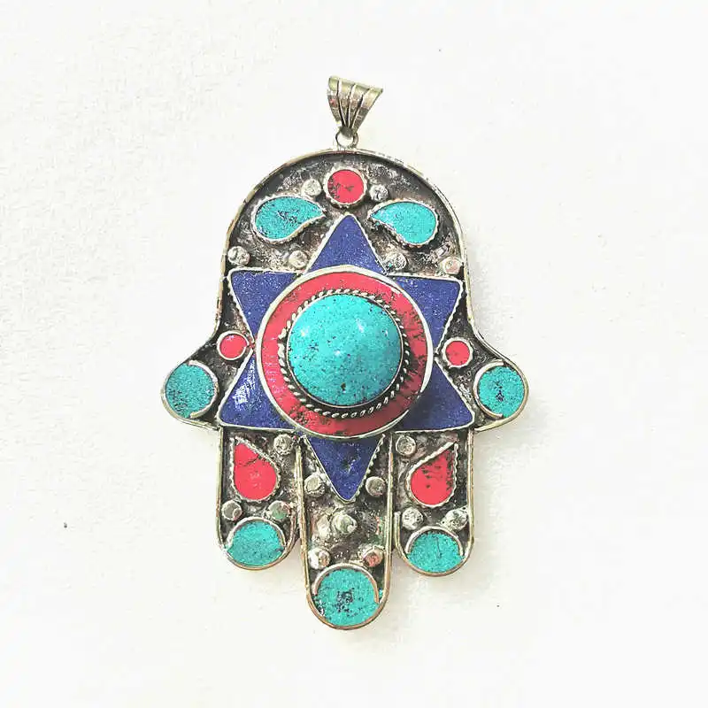 Tibetan Buddha Hand Amulet Pendants Copper Inlaid Color TBP535