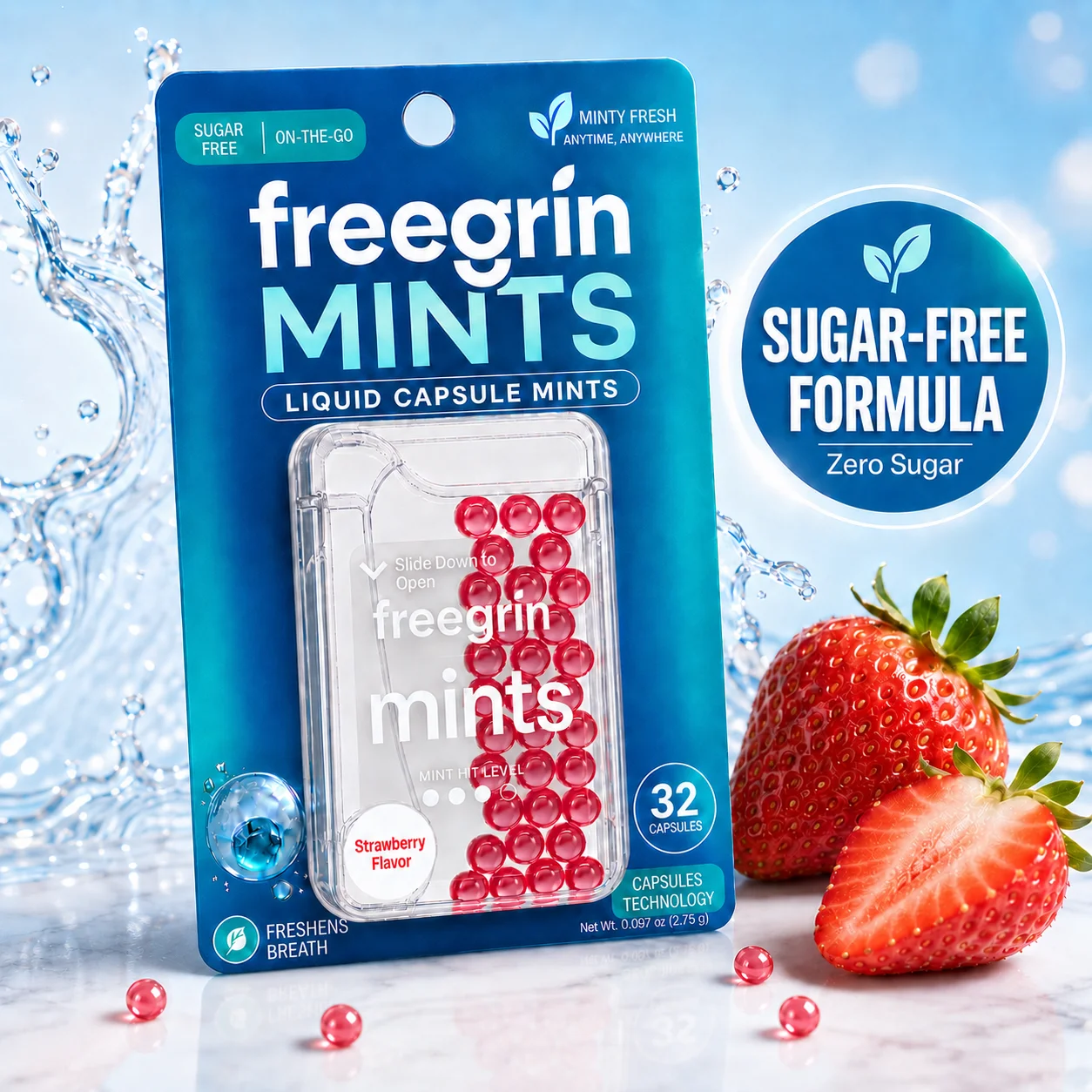 Liquid Capsule Mints, Sugar-Free Strawberry Breath Freshener, 1 Box (32 Count), Portable Bursting Mint Balls for Oral Freshness