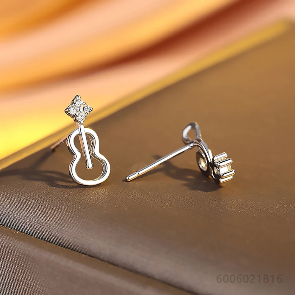 925 Sterling Silver Zircons Guitar Note Stud Earrings For Women Jewelry Fashion Elegant Engagement Wedding Accessories