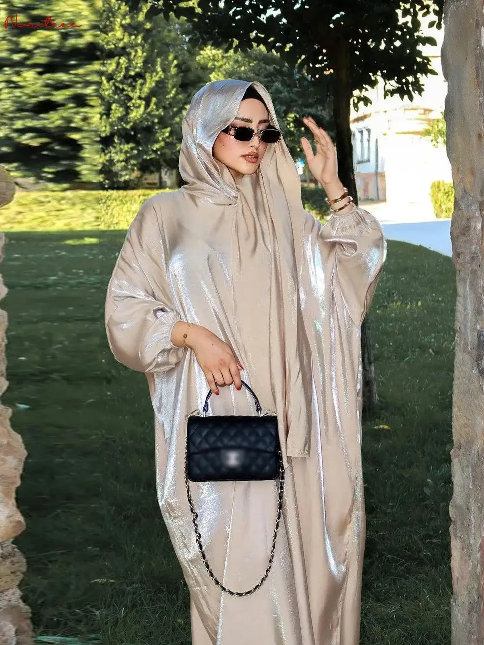 Ramadan Eid Shiny Muslim Dress Hijab Muslim Abaya with Scarf female Elastic Cuff Sleeve Islamic Kaftan Robe dress wy1874