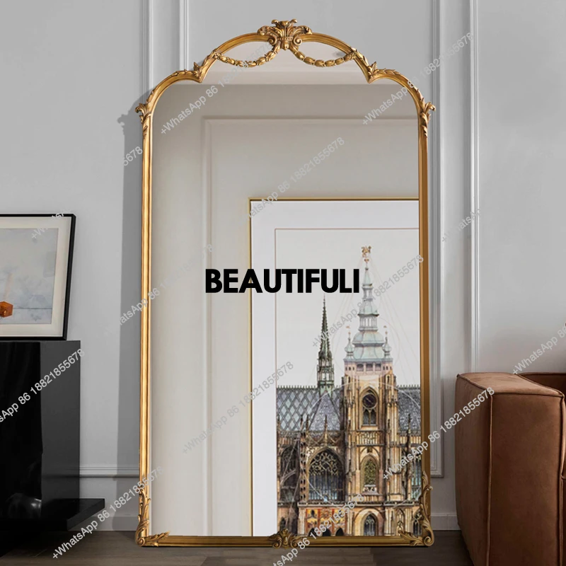 

European retro floor-to-ceiling home floor full-length mirror, gold-carved fitting mirror in the cloakroom