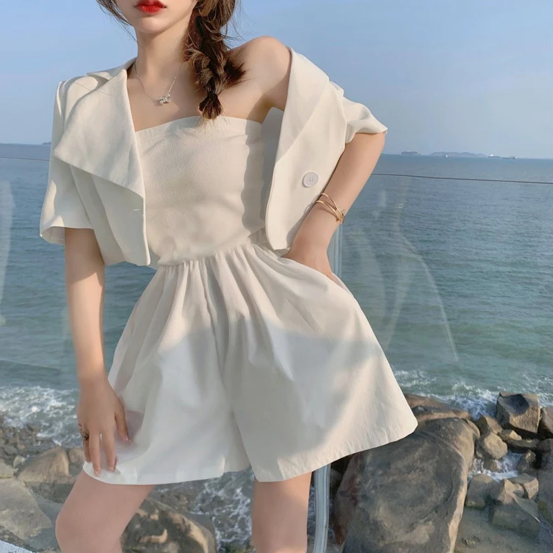 Summer New Thin Loose Suit Coat and Shorts Off Shoulder Solid Color Shorts Sets Trend Korean Fashion Women Clothing