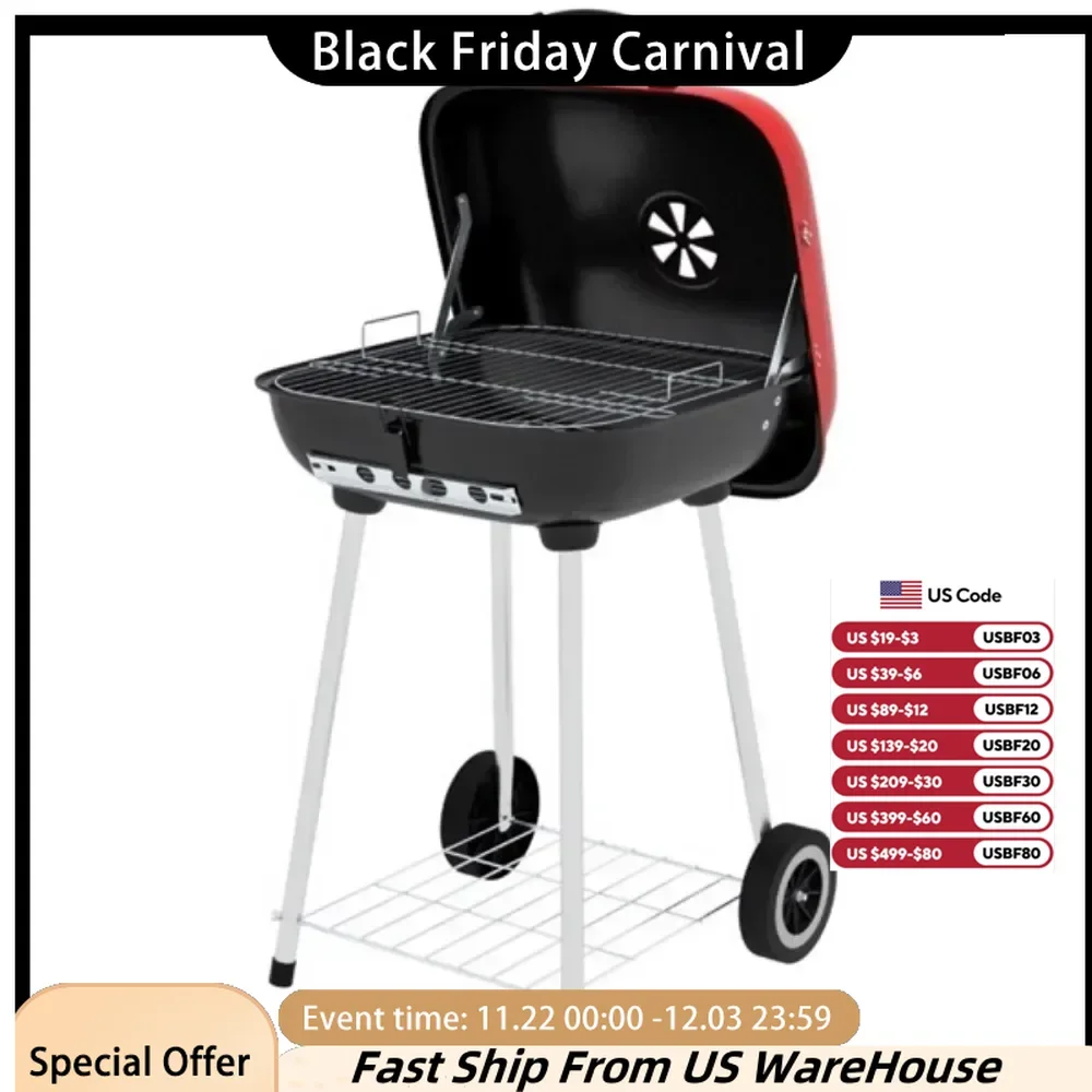 Portable Charcoal Grill /BBQ Grill with two back wheels for easy transport -Enamel-coated steel offers excellent heat resistance