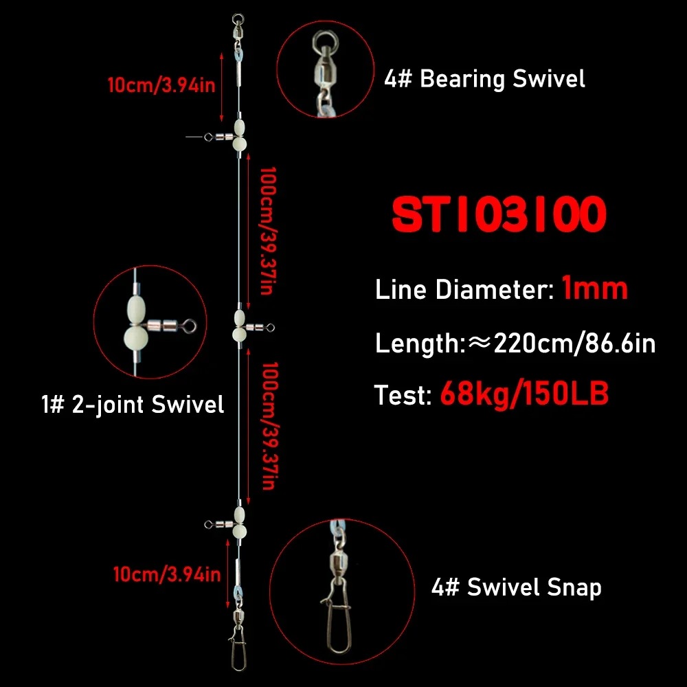 2 bags Deep Sea Fishing Rig 3-hook Position 1mm/1.2mm Nylon Mono Line Strong Bearing Swives Big Game Fishing Tackle Snapper Tuna