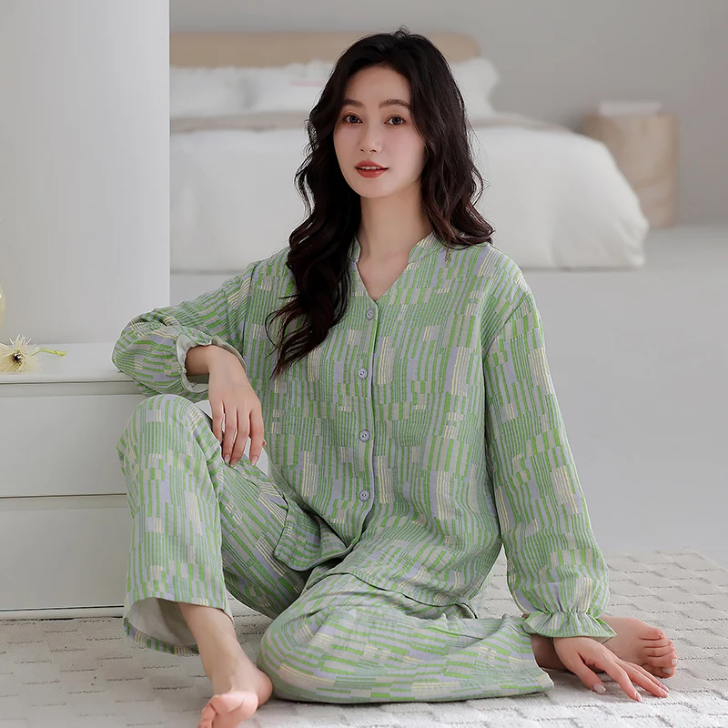 

Домашняя одежда для женщин, трикотажные хлопковые пижамные комплекты, женские весенне-осенние кардиганы с v-образным вырезом, одежда для сна с длинными рукавами и геометрическим узором