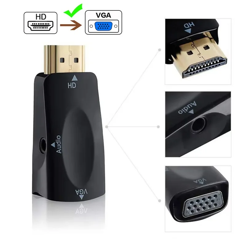HD 1080P VGA Adapter With 3.5mm Audio Jack Cable For PC Laptop Tablet Plug And Play Display Tool Office Meeting Projector Tool
