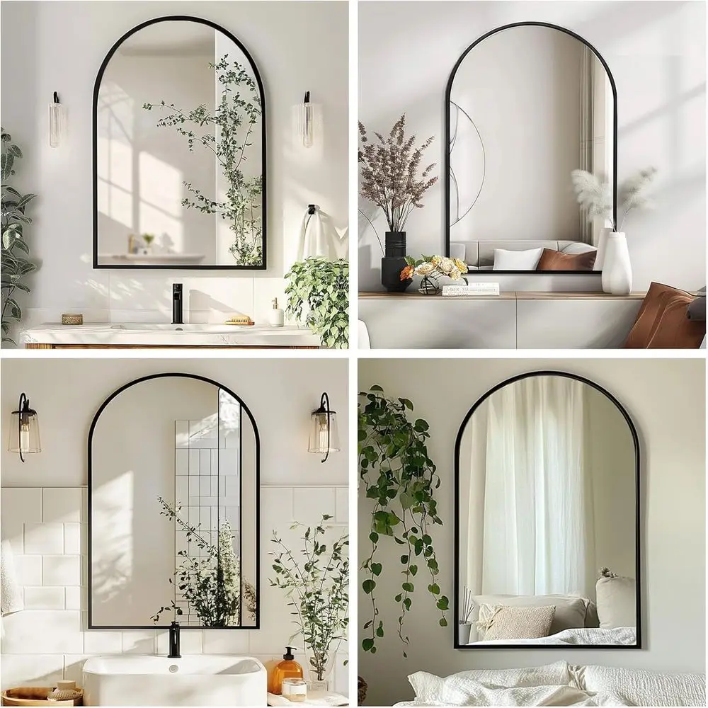 Elegant 20x30 Black Arched Mirror with Metal Frame for Bathroom, Hallway, and Bedroom