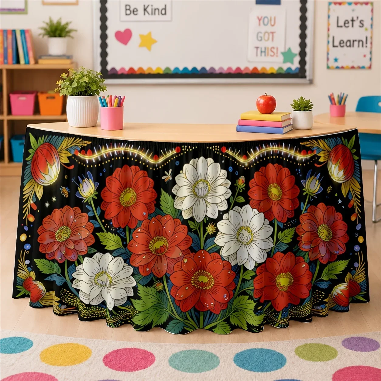 One table skirt. Floral table skirt. Bright colors. Rich details. Folk art style.xzj