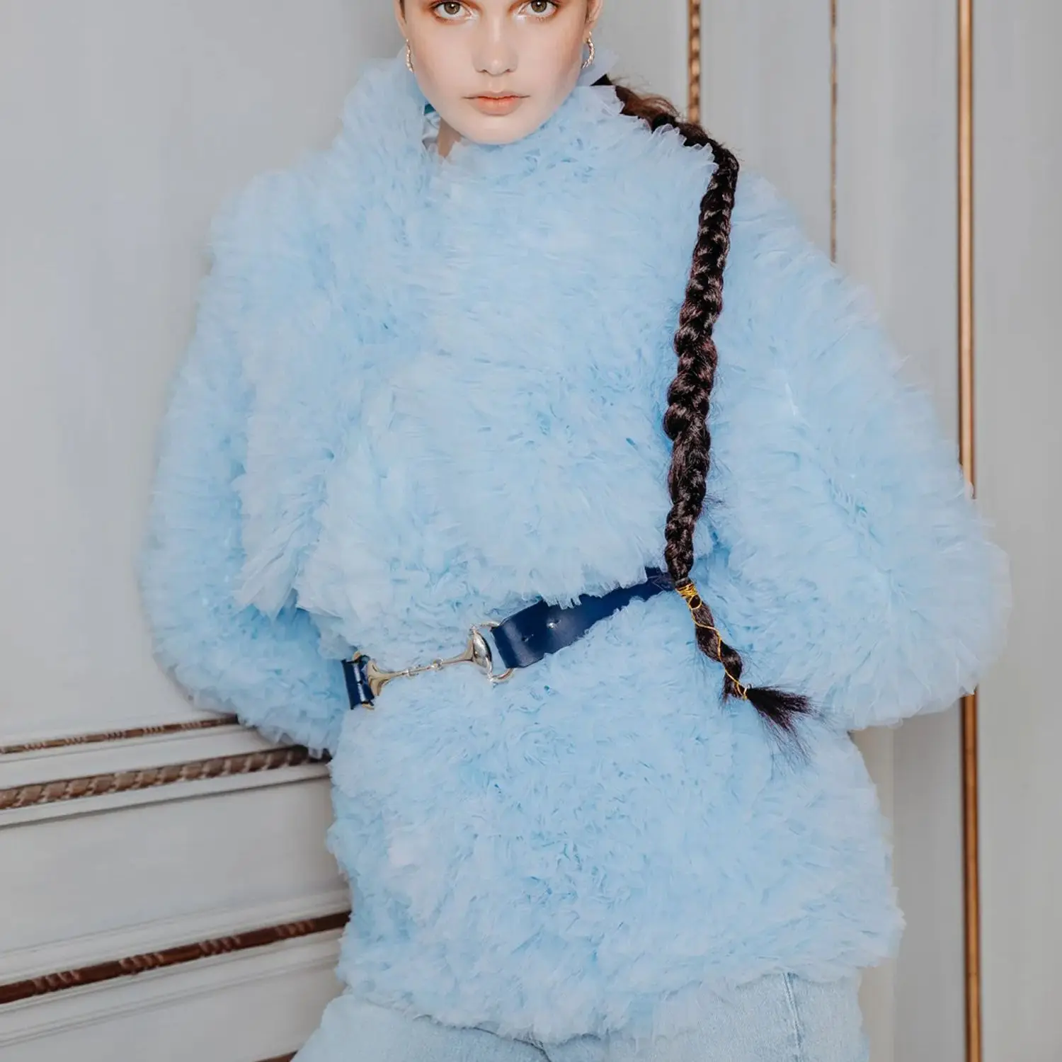 

2025 Tulle Women Jacket Full Sleeves Tulle Female Outwear Outfit Bloom Cape Fashion Sky Blue Ruffles Trimmed