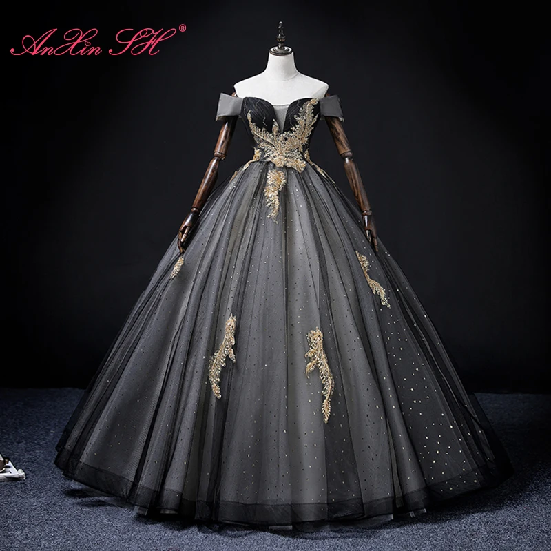 AnXin SH vintage princess black lace golden flower boat neck sparkly beading crystal stage party customized evening dress