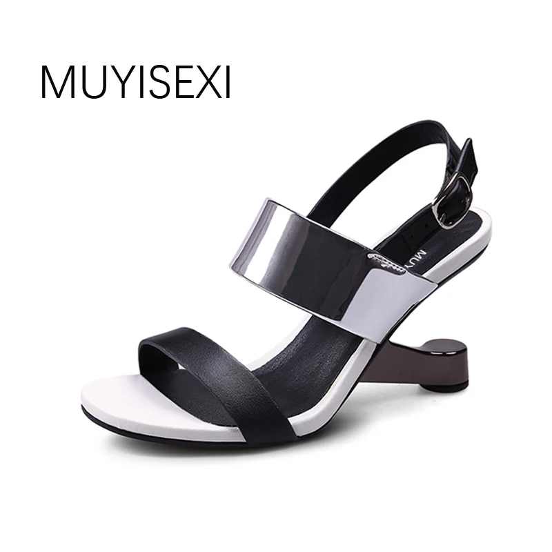 

Women Sandals Genuine Leather Open Toe 9cm Strange Fretwork High Heel Summer Wedge Sandals HL061 MUYISEXI