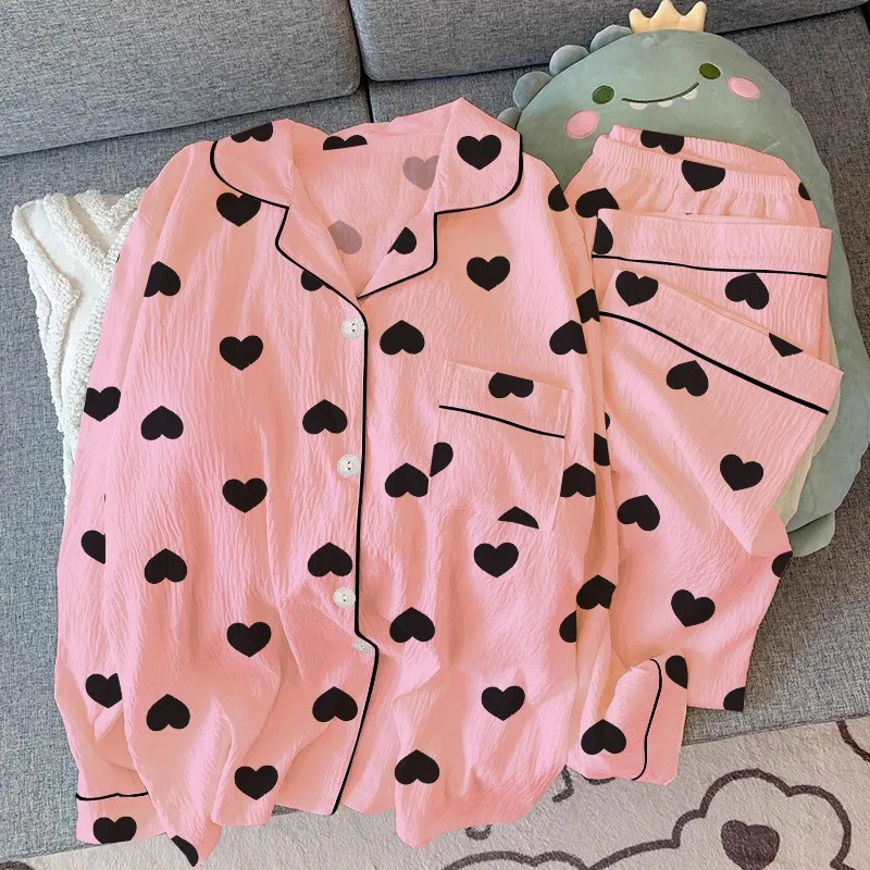 

Nightwear Women Pink Pajamas Long Sleeves Long Pants Peach Heart Loungewear Cardigan Lapel 2 Piece Set Sleepwear Homewear