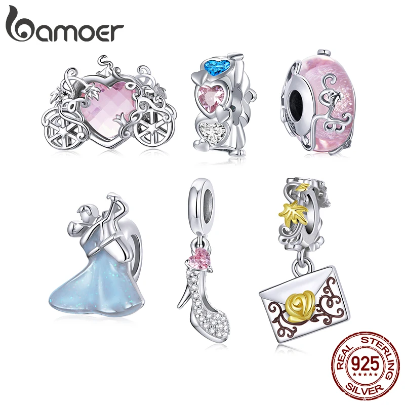 bamoer Valentine Day 925 Sterling Silver Magic Dancing Charm Dress Clock Zirconia Heart Pink Beads for Bracelet Jewelry BSC406