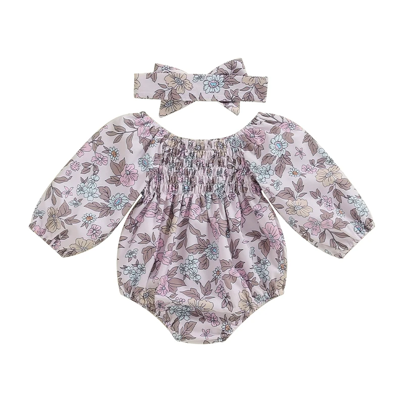 

Baby Girls Fall Clothes Long Sleeve Floral Print Romper Elastic Neckline Shirred Jumpsuit with Headband